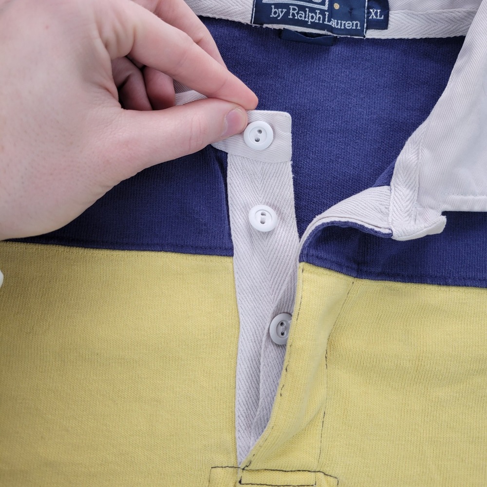 Polo Ralph Lauren Rugby Shirt Mens XL Blue Yellow Striped Elbow Patches Vintage - Picture 8 of 14